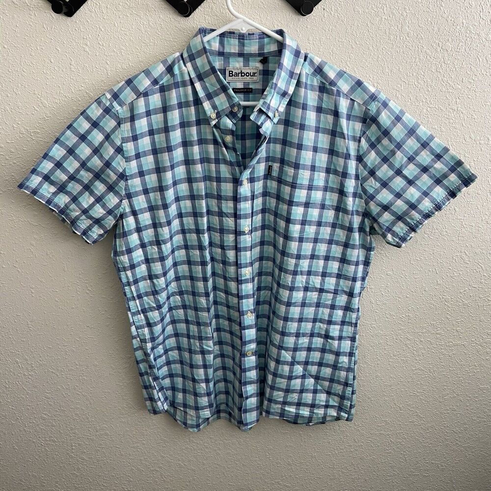 Barbour Tailored Fit Blue Plaid Short Sleeve Button Shirt Men's large